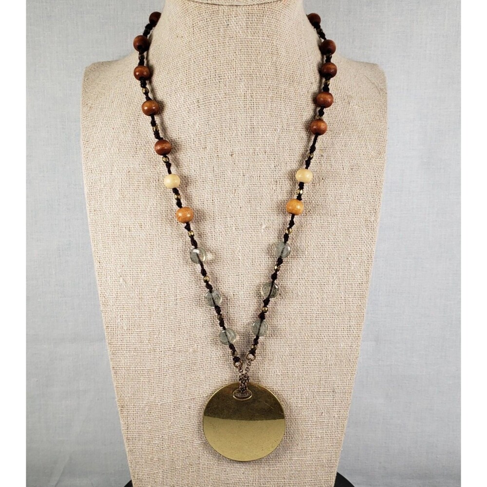 Vintage Bohemian Beaded Brass Wood Glass Pendant Necklace Signed XC 18” Long